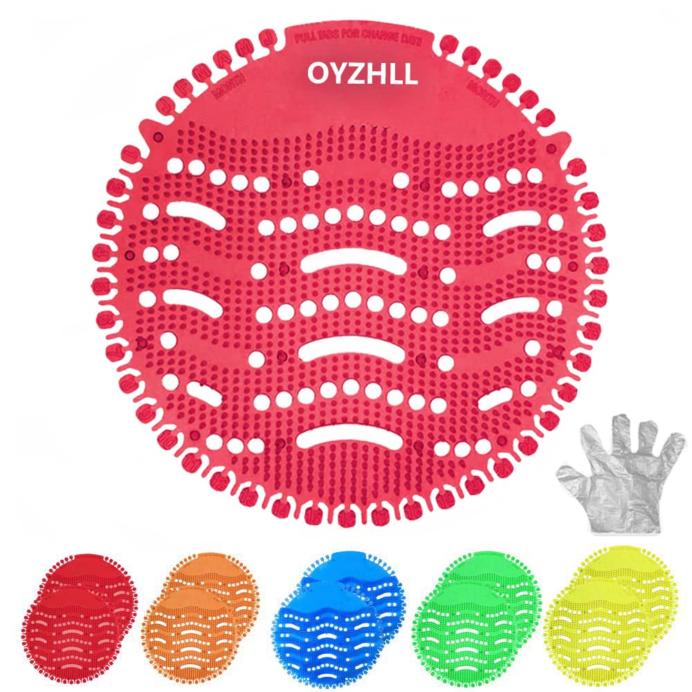 Urinal Screen-10 Packs, Fresh Fragrance, Less Splash, Debris ou，Scent lasts 30days. Five Flavors. Scented Urinal Screen Splash Mat by Spatter-Less (Free Gloves)