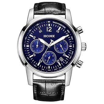 HOWK Mens Chronograph Watches Date Analog and Blue Luminous Dial Black Leather Strap