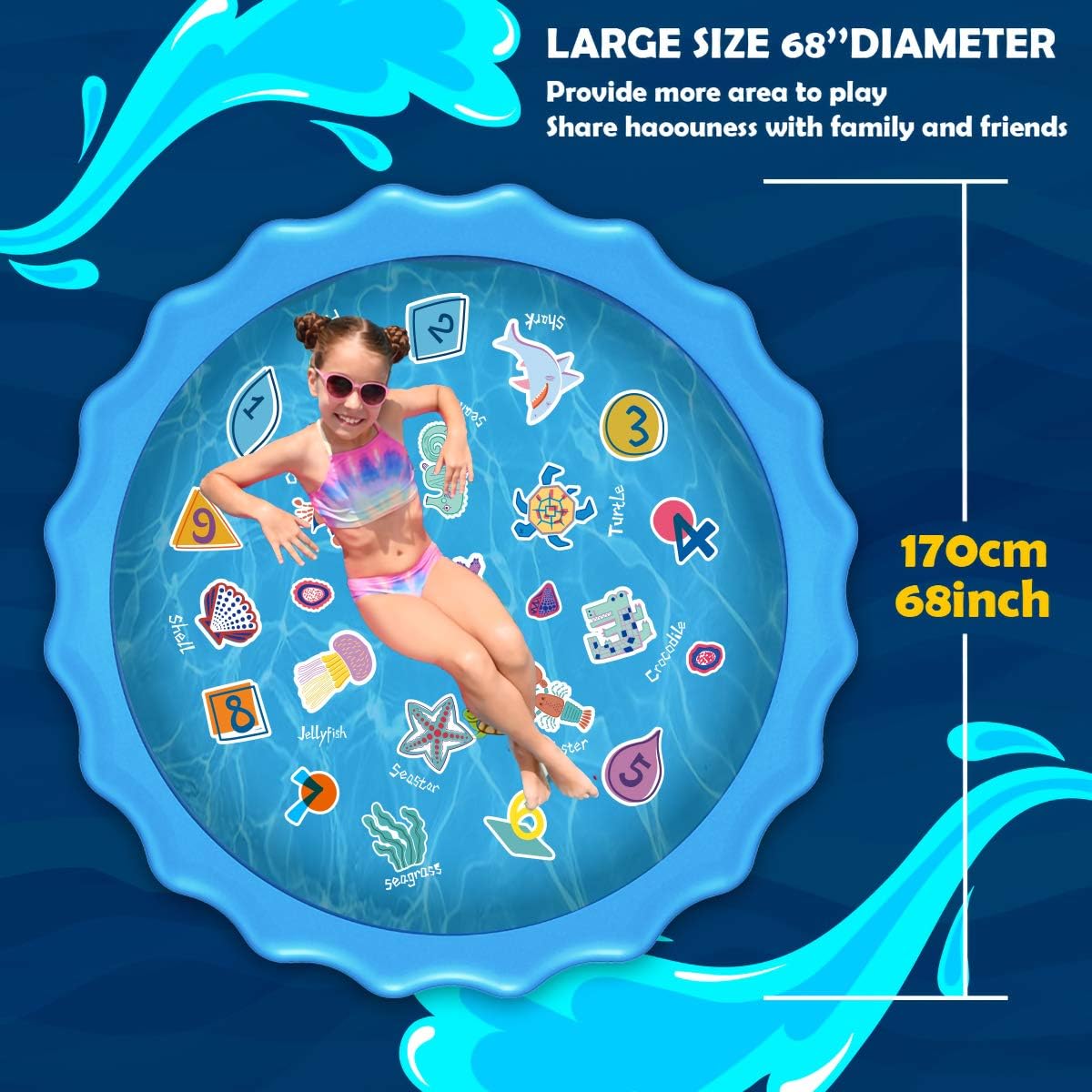 10Leccion 68” Sprinkler for Kids Outdoor Water Toys Splash Pad for Yard Toddlers, Educational Wading Swimming Pool for Infant, Backyard Fountain Play Mat for Girls Boys Children & Dogs: Toys & Games