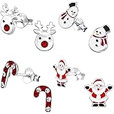 925 Sterling Silver Set of 4 Pairs Christmas Set Crystal Red nose Rudolph Reindeer, Crystal Candy Cane, Santa Claus, Snowman Stud Earrings (Nickel Free)