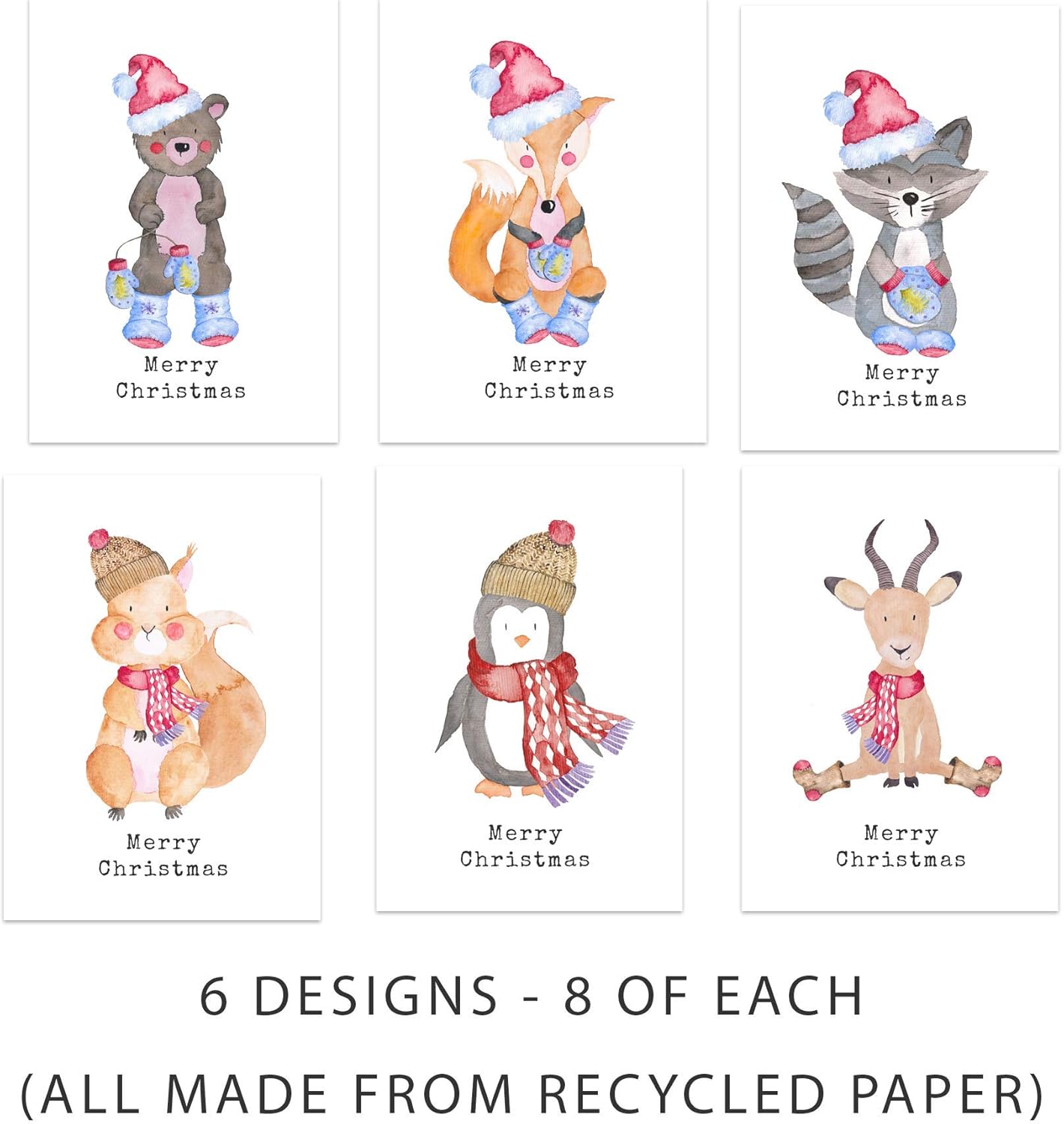 48 Recycled, Eco Friendly, Cute Animal Christmas Cards with Envelopes, beige|white|grey|red, 14.8cm x 10.5cm - Image 4