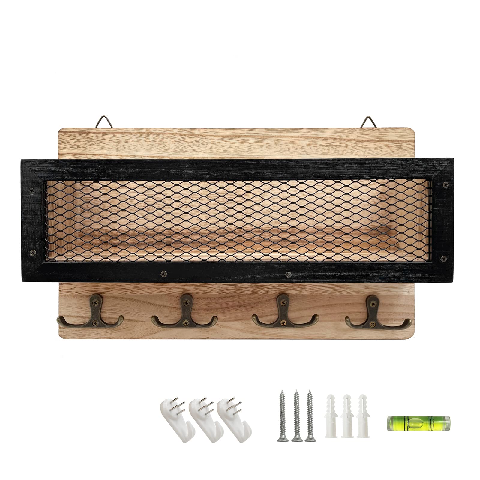 LYFJXX Mail and Key Holder for Wall Decorative, Wooden Wall Key Rack Organizer with 4 Double Key Hooks, Wall Mount Key Hanger for Entryway, Storage, Living Room, Hallway, Kitchen (Wood)