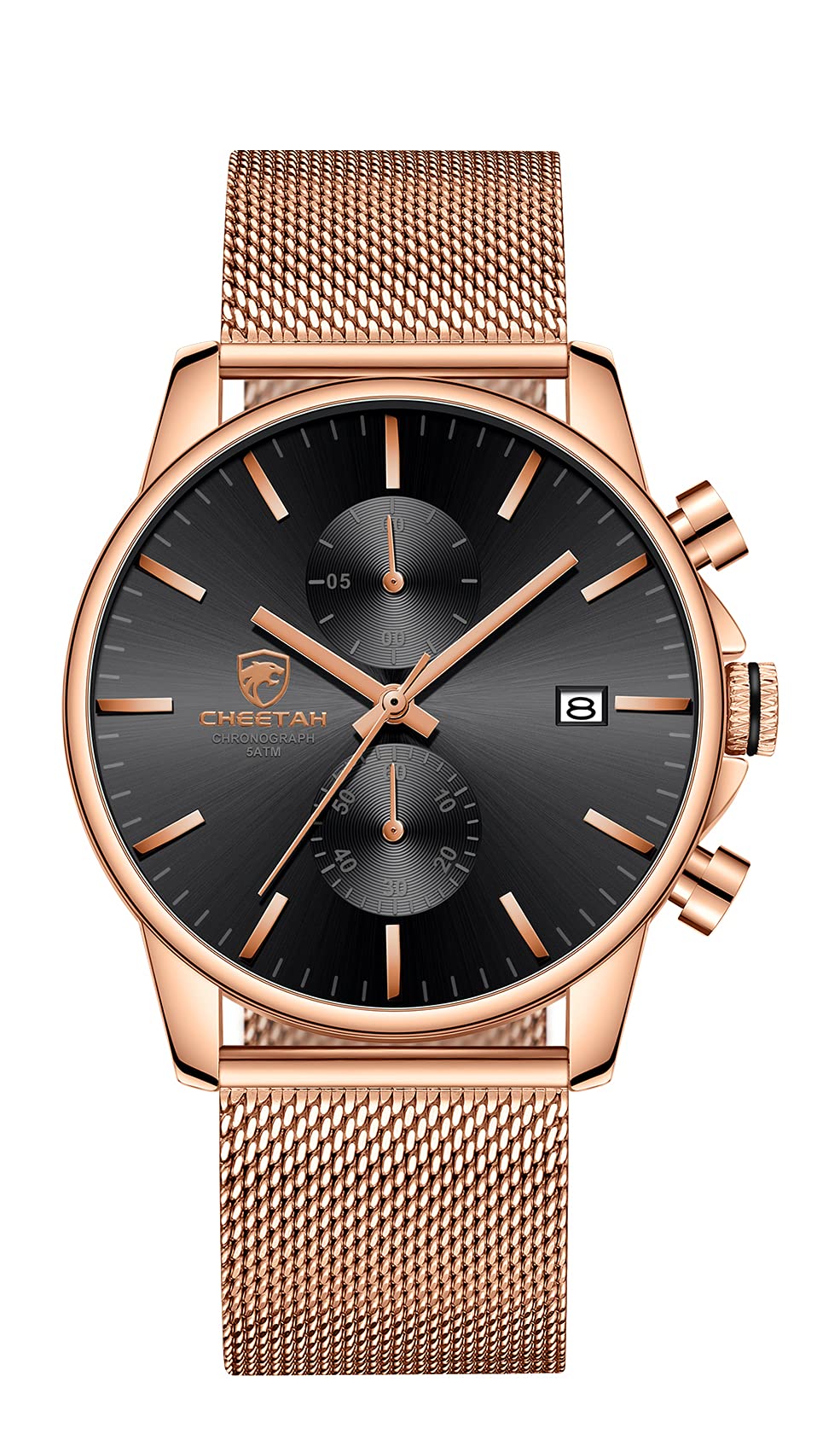 GOLDEN HOUR Men’s Watch Fashion Sleek Minimalist Quartz Analog Mesh Stainless Steel Waterproof Chronograph Watches, Auto Date in Rose Gold Hands, Color: Rose Gold Black