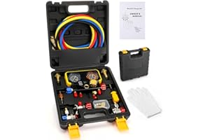 Tellegloww AC R1234YF R134A Gauge Set, Automotive 4 Way AC Manifold Vacuum Gauge Set Compatible with R1234YF R134A and R404A 