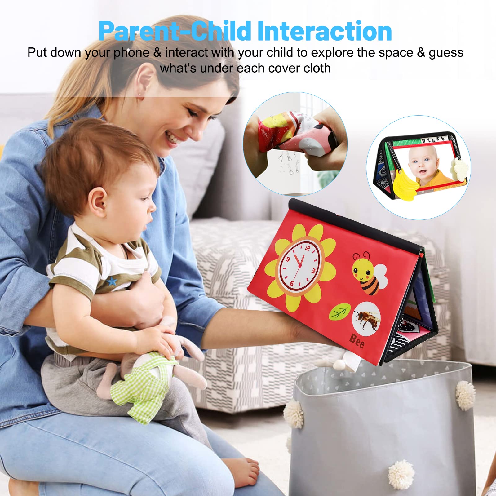Baby Mirror Tummy Time Toys, Infant Safe Baby Play Mat with Teether for Newborn 0-3-6-12 Months old Boys,Girls, Brain Development Montessori for Crib, Floor, Car, Sensory Crinkle Soft Books Attachment