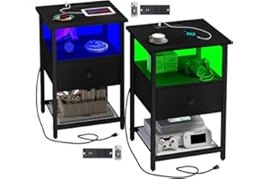 HDDDZSW LED Nightstands set of 2 with Charging Station, Bedside Tables with USB Ports and Outlets, End Table with Fabric-Wood 2-in-1 Drawer for Small Spaces, Black Side Table for Bedroom, Living Room