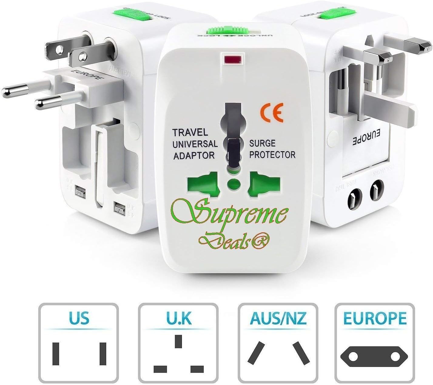 Supreme Deals® Universal Travel Adapter with 125V 6A, 250V Surge/Spike Protected Electrical Plug (White)(1 Year Warranty) (Supreme Rectangle Shape)