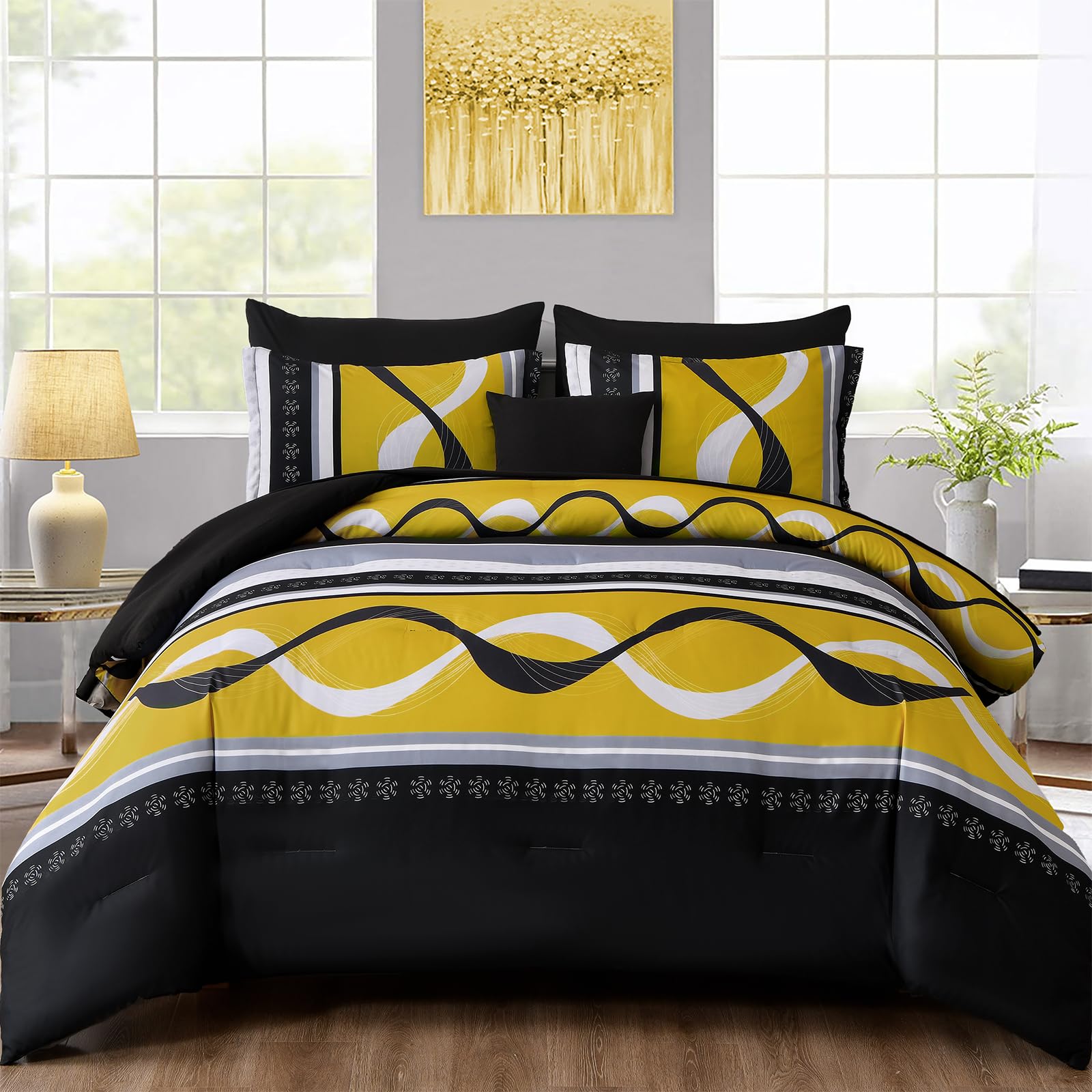 Anibedding Yellow Black Comforter Set King Size,8 Pieces Bed in a Bag Patchwork Striped Bedding Sets,Boho Soft Microfiber Bedding Set for All Season(104"×90")