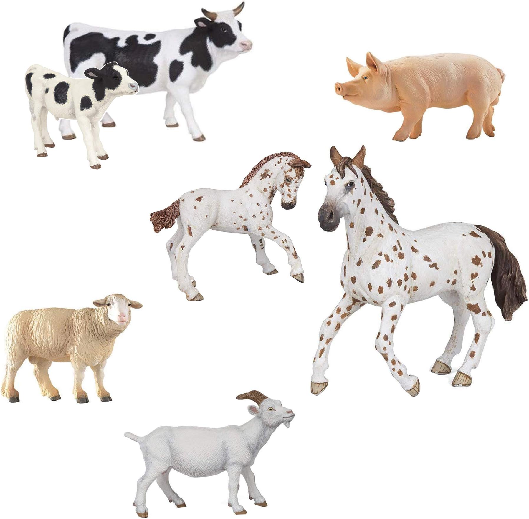 Papo Farm Animal Figurine Bundle - Cow and Calf, Merinos Sheep, Boar, Appaloosa and foal, Nanny Goat