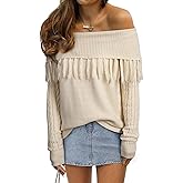 EVALESS Womens Off The Shoulder Sweater Fall Fringe Long Sleeve Loose Pullover Sweaters Tops