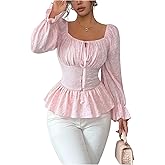 Floerns Women's Jacquard Tie Front Long Sleeve Shirts Cinched Waist Dressy Peplum Blouse Tops