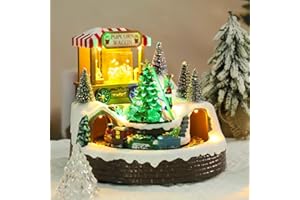 Afirst Christmas Village Houses with Train Popcorn Wagon Xmas Tree Rotating Train Lighted Christmas Houses Collectable Light Up Musical with USB Indoor Display Figurines Decoration