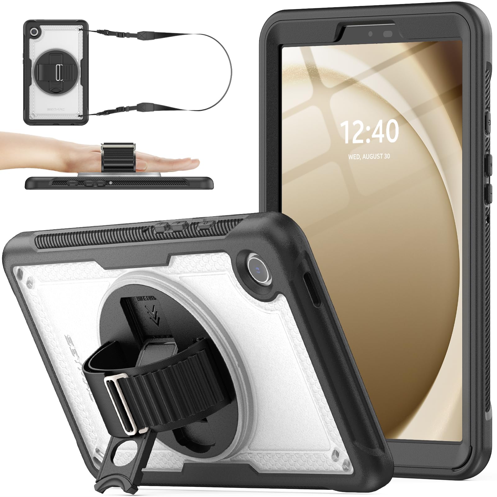 Photo 1 of SEYMAC stock Case for Samsung Galaxy Tab A9 8.7 inch Tablet Case Drop Protection with Screen Protector, Pen Holder, 360 Rotate Kickstand & Strap, Shoulder Strap, Frosting-Anti-Slip, Clear