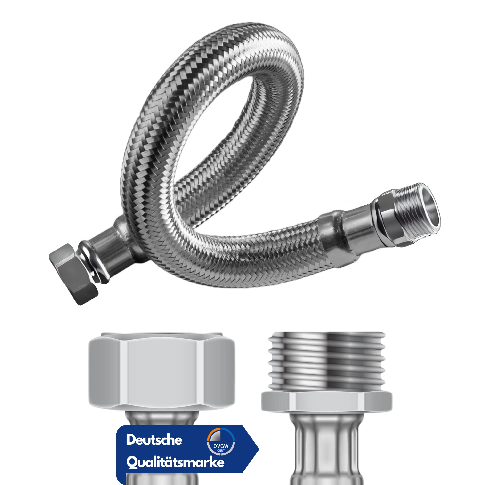 DVGW Reinforced Hose 3/4-1 Inch 30-150 cm, Flex Hose, DN25 & DN19, Water Connection, Heating, Softening System (50 cm, 3/4 Inch Male Thread x 3/4 Inch Union Nut Reinforced Hose)