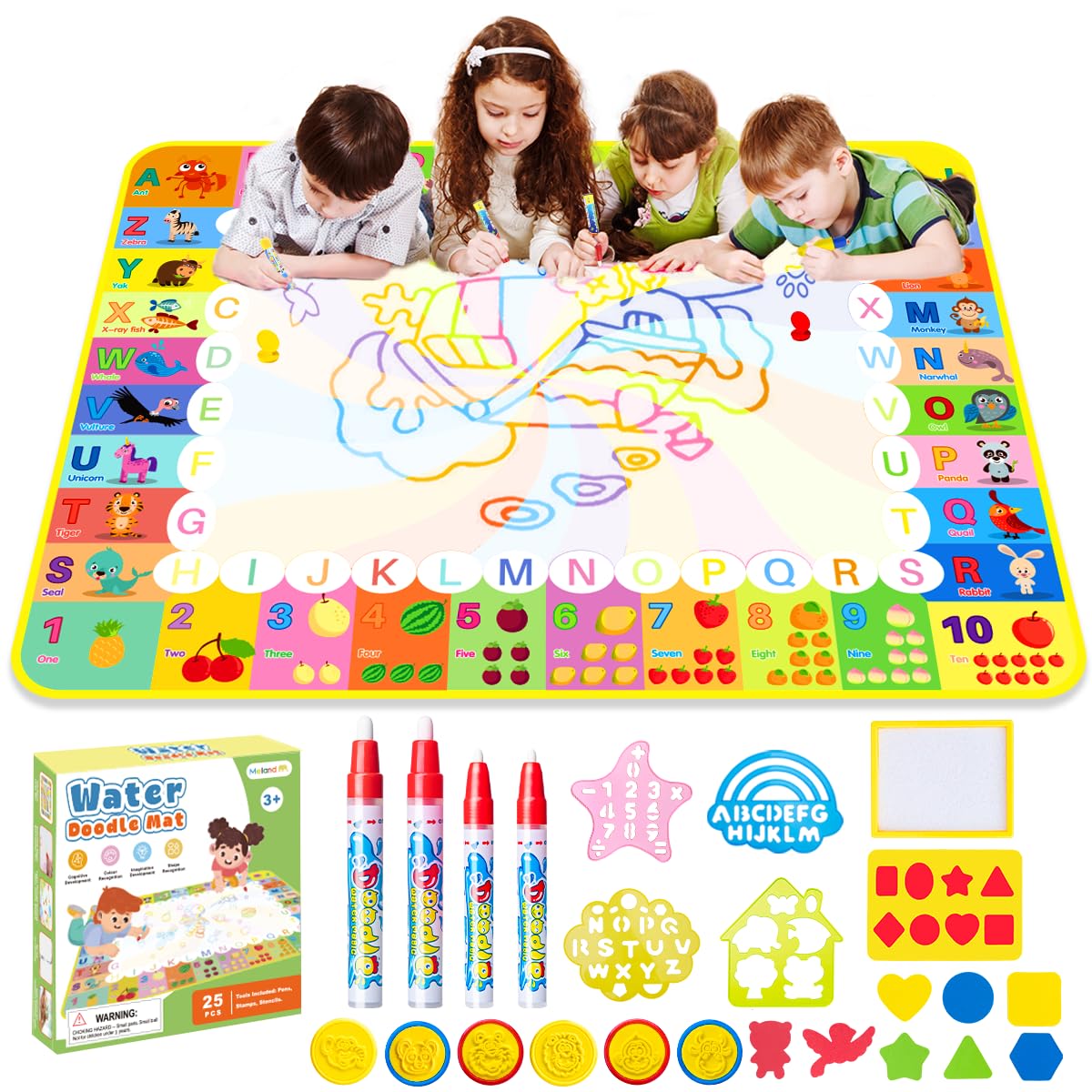 MELAND Water Doodle Mat (120 x 90cm), Large Aqua Magic Drawing Mat No Mess Painting Coloring Board with Pens & Stamps, Educational Toys Birthday Gifts for Boys Girls Toddlers Aged 3 4 5 6 Years โ image 1