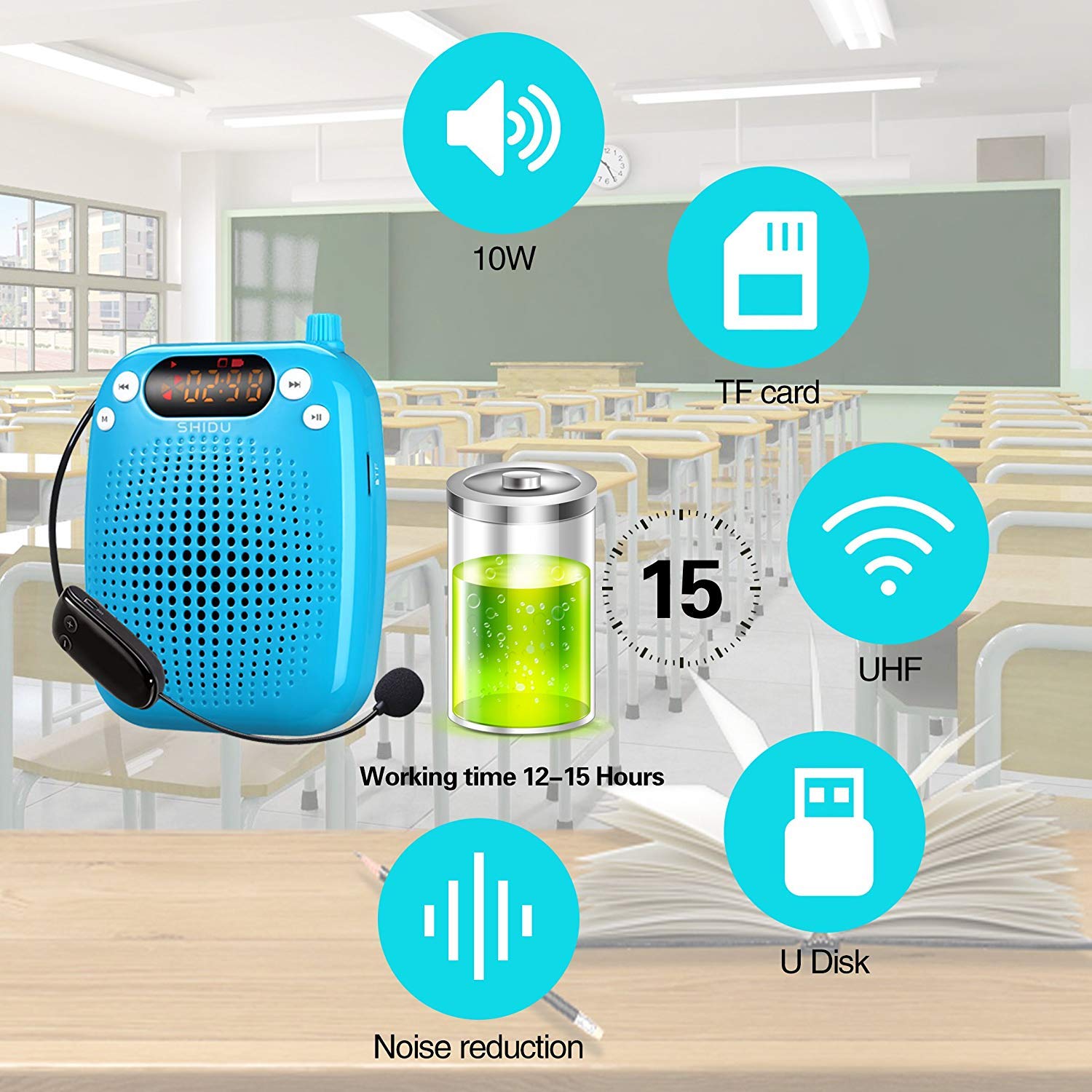 10W Wireless Voice Amplifier, Portable PA System Speaker with UHF Wireless Microphone Headset for Teachers, Tour Guides, Coacher, Singing, Training and Presentation