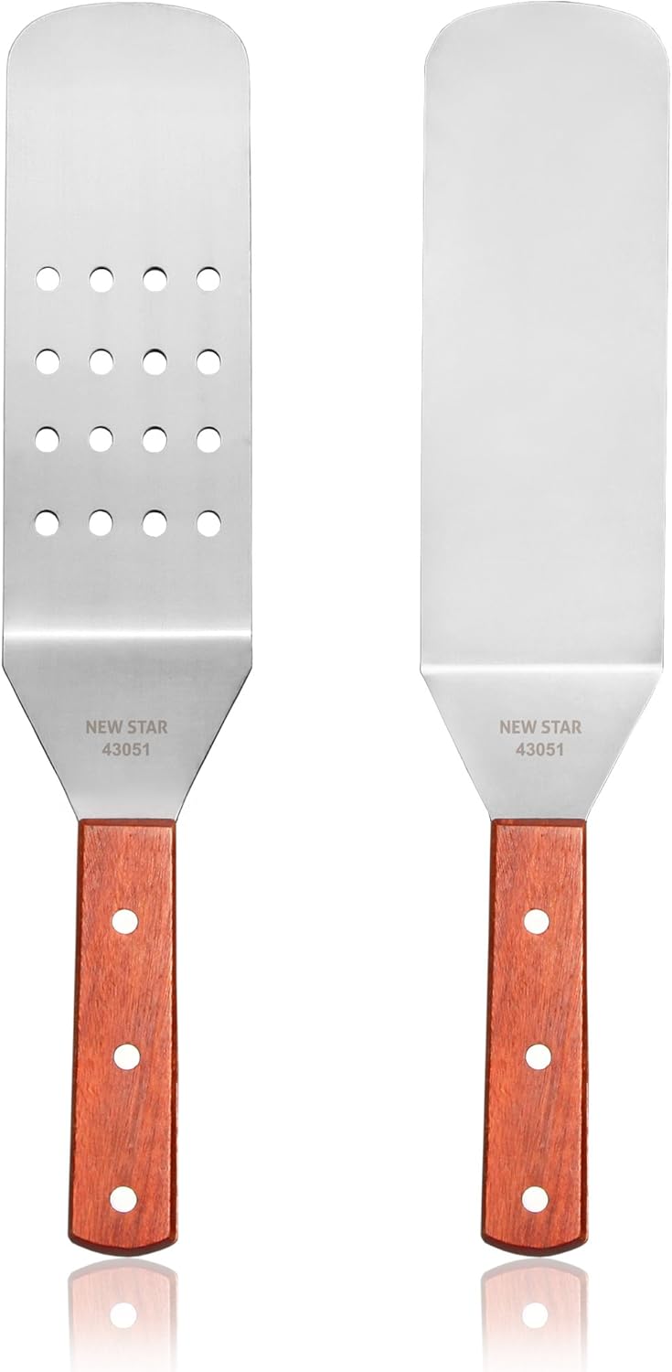 New Star Foodservice 43051 Wood Handle Flexible Grill Spatula Set, 14.5", Silver