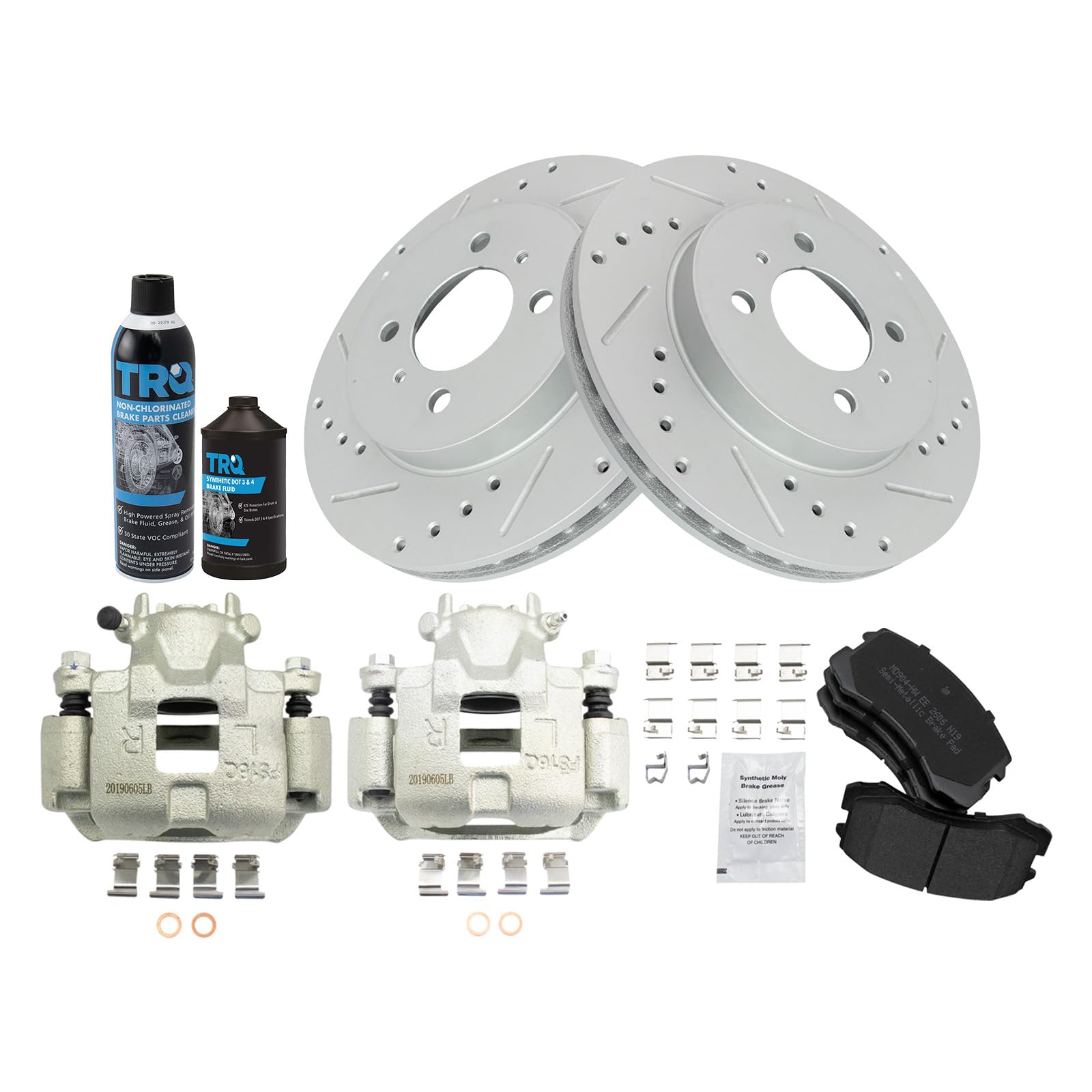 TRQ Front Performance Brake Pad & Rotor Kit Brake Caliper Brake Chemical Kit Brake Pads Brake Rotors Set Semi-Metallic Premium G-Coated Compatible with 2002-2007 Mitsubishi Lancer Image
