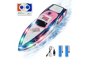 CAROX RC Boat with LED Lights- 2.4GHz Remote Control Boat for Pool and Lakes, 360° Flip Stunt Racing Boats with 2 Modular Rechargeable Battery, Gifts for 8-12 Boys Girls Kids (Pink)