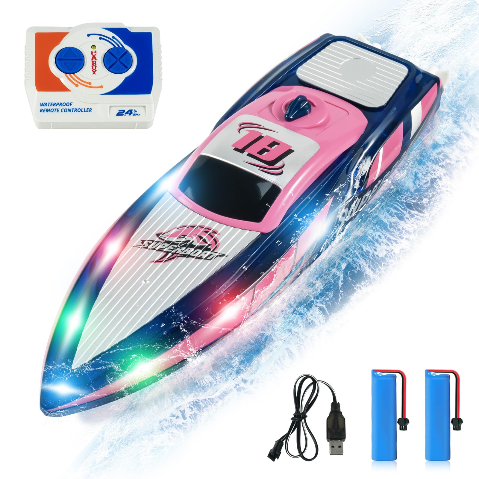 Photo 1 of RC Boat with LED Lights- 2.4GHz Remote Control Boat for Pool and Lakes, 360° Flip Stunt Racing Boats with 2 Modular Rechargeable Battery, Gifts for 8-12 Boys Girls Kids (Pink)