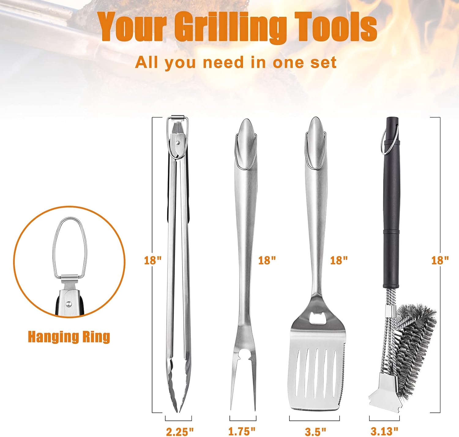SHINESTAR Sturdy Outdoor Grill Tool Set with 18-Inch Comfortable Handles, Grill Brush, Spatula, Fork, Tong Included, Heavy Duty & Dishwasher Safe, 4pcs : Garden & Outdoor