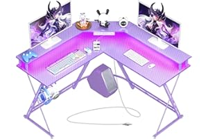 SEVEN WARRIOR Gaming Desk 50.4” with LED Light & Power Outlets, L-Shaped Gaming Desk Carbon Fiber Surface with Monitor Stand,