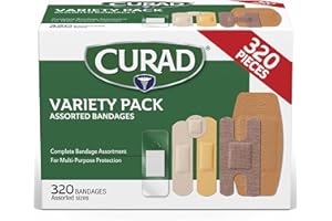 CURAD Assorted Bandages Bulk Variety Pack | 320 Count |5 Styles Including Waterproof, Sheer, Plastic, Heavy Duty & Flex-Fabric | First Aid Kit Essentials | Protects Scrapes, Cuts & Burns