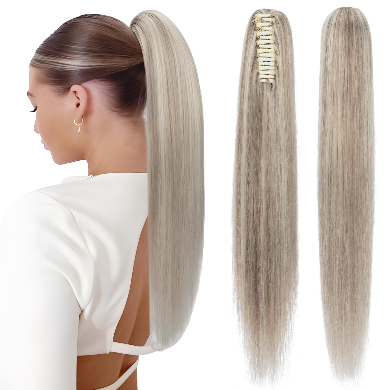 Elailite Human Hair Ponytail Extension Claw on Clip Real Human Hair Natural HairPiece Straight (#18Y/613 Ash Blonde Mix Bleach Blonde, 14 Inch) — image 1