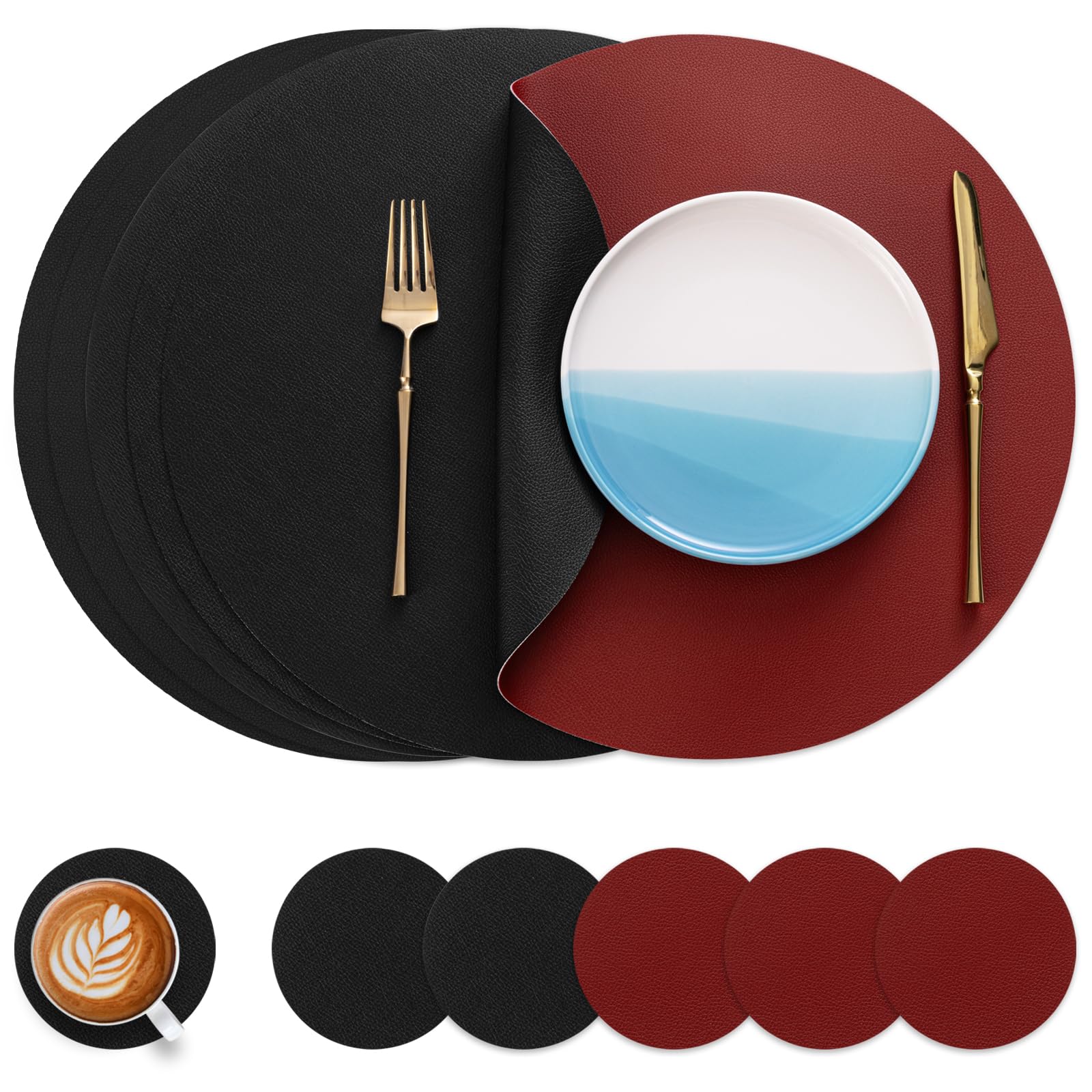 Myir JUN Round Table Placemats Set of 6 Faux Leather Place Mats and Coasters 15 inch Round Dual Sided Placemats Non-Slip Wipe Clean Stain Resistant (Red Black,Set of 6)