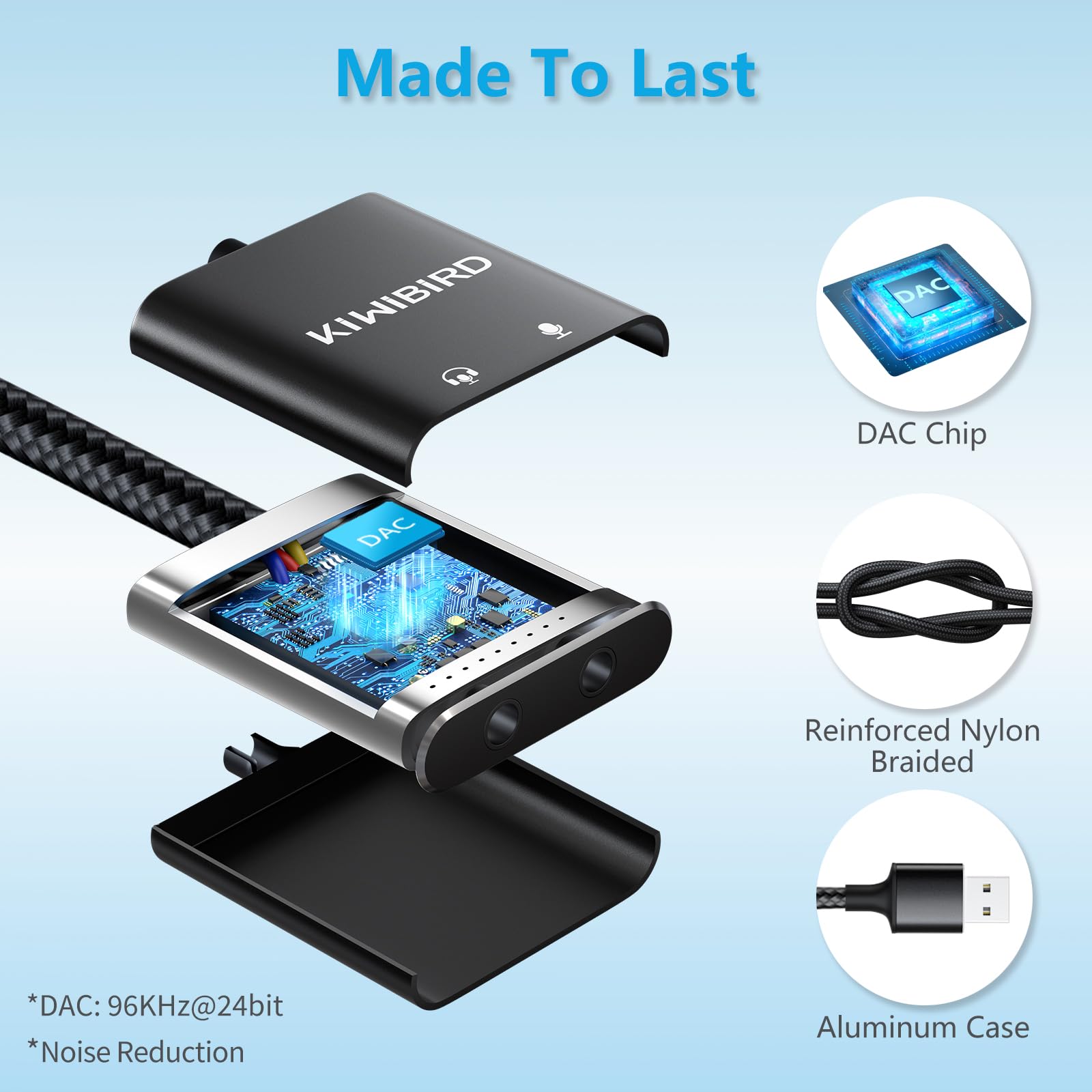 KiwiBird External USB Sound Card 3.5mm Jack Audio DAC Stereo Cards Adapter Line in Out Compatible with Headphone Headset Microphone Converter Gaming PC Laptop Mac PS5 PS4 Raspberry Pi Windows Linux