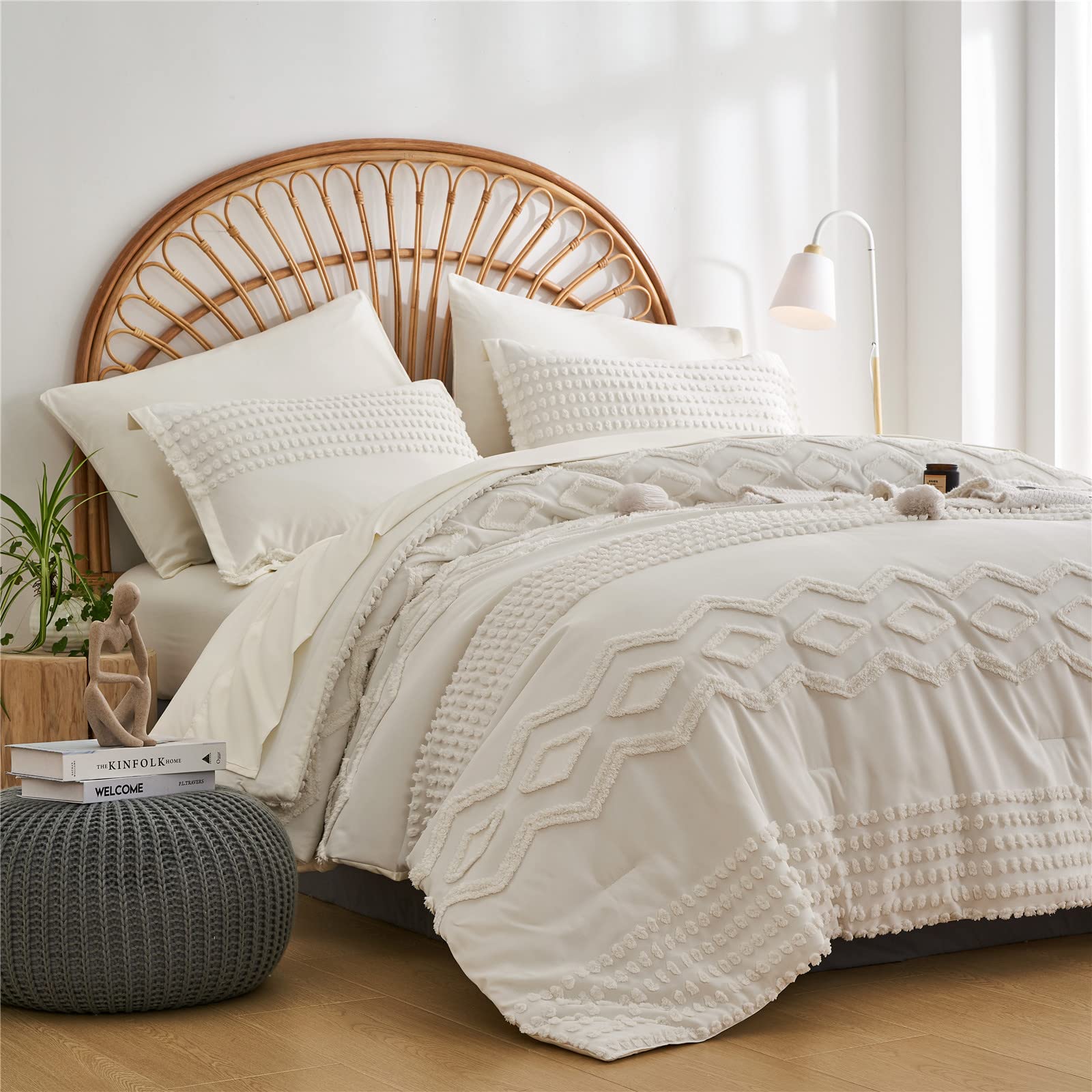 Photo 1 of KAKIJUMN White Tufted Comforter Set King Size 7 Piece Bed in a Bag, Shabby Chic Boho Comforter and Sheet Set, Pom Pom Textured Bed Set, All Season Soft Microfiber Complete Bedding Set(White,King)
