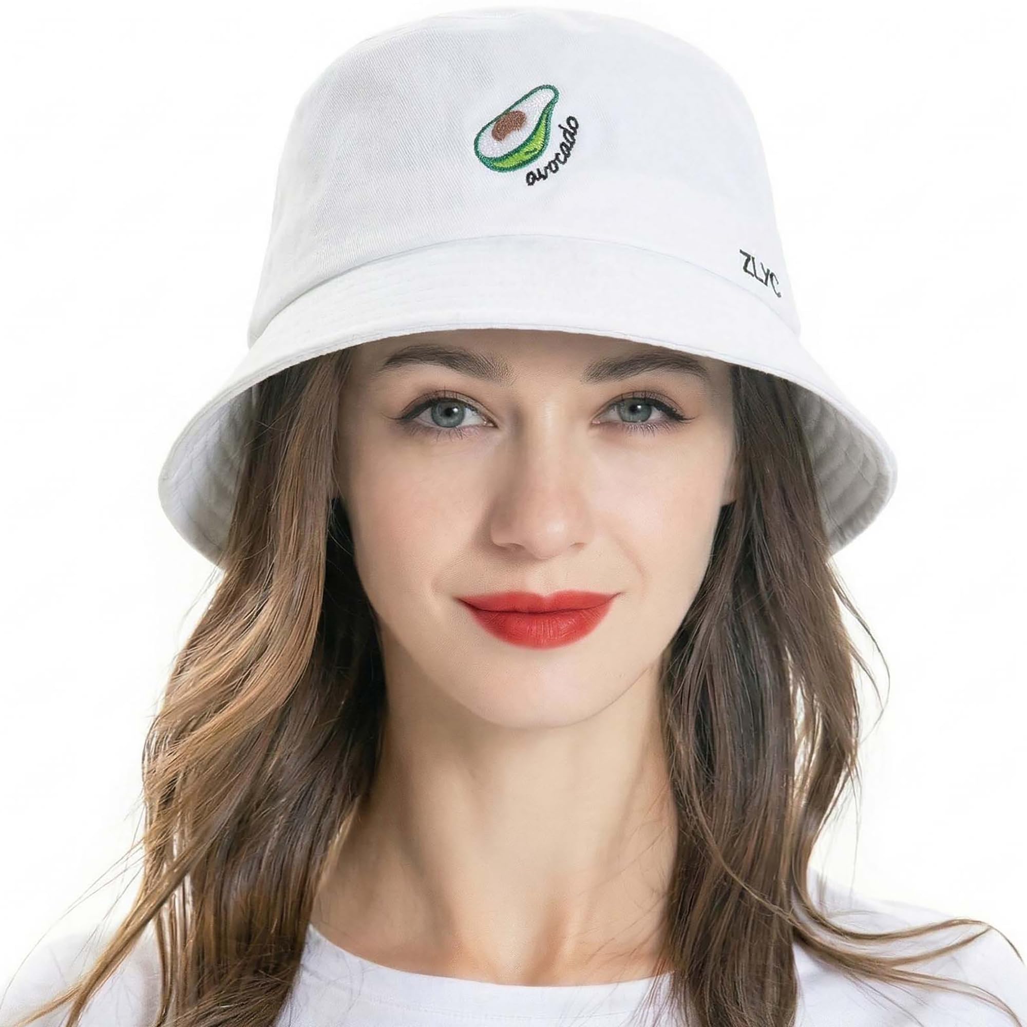 ZLYC Women Men Bucket Hat Embroidered Sun Fishing Hats Summer Outdoor Hat(White Avocado),One Size