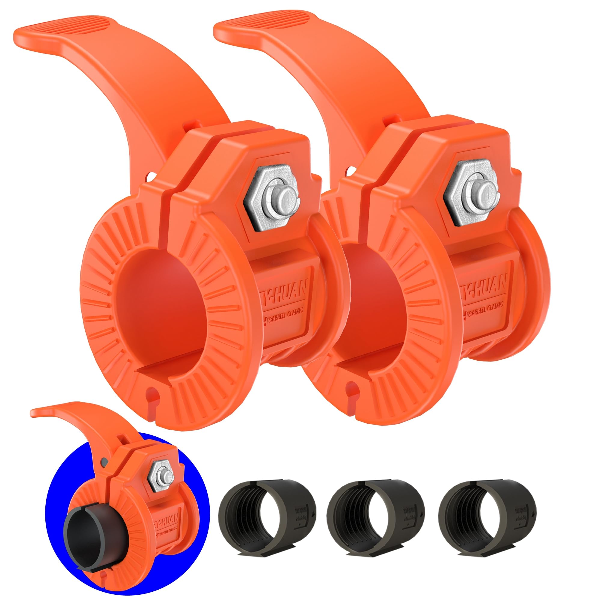 Photo 1 of ZY-HUAN Barbell Clips 1 inch Barbell Clamps 0.9-1.18inch Quick Release Weight Clips for Bars Multi-Size Adjustable Olympic Barbell Clamps (Orange)