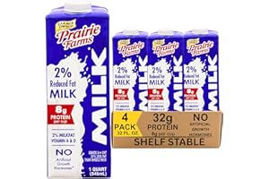 PRAIRIE FARMS DAIRY Prairie Farms Milk 2% Percent, Shelf Stable, Reduced Fat, Boxed & Ulta Pasteurized (UHT), Vitamin D White Milk - Preservative and Hormone Free, Gluten Free, Kosher, Made in USA - 1 Quart (4 Pack)