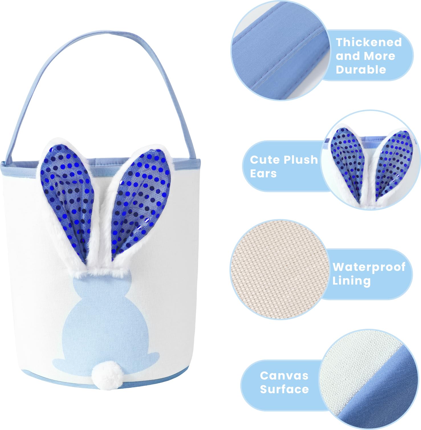Easter Bunny Baskets Empty with Lights, Large Easter Egg Hunt Baskets for Kids, Canvas Easter Basket Candy Tote Bags with Handles, Easter Decorations Party Supplies (Blue + Pink)