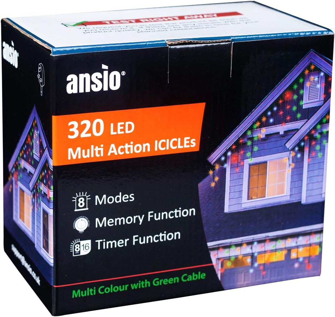 ANSIO® Outdoor Christmas Lights 320 LED 11m/35ft Icicle Lights Outdoor & Indoor Multicoloured Decoration String Fairy Outside Lights with Timer for Xmas Garden Bedroom& Party