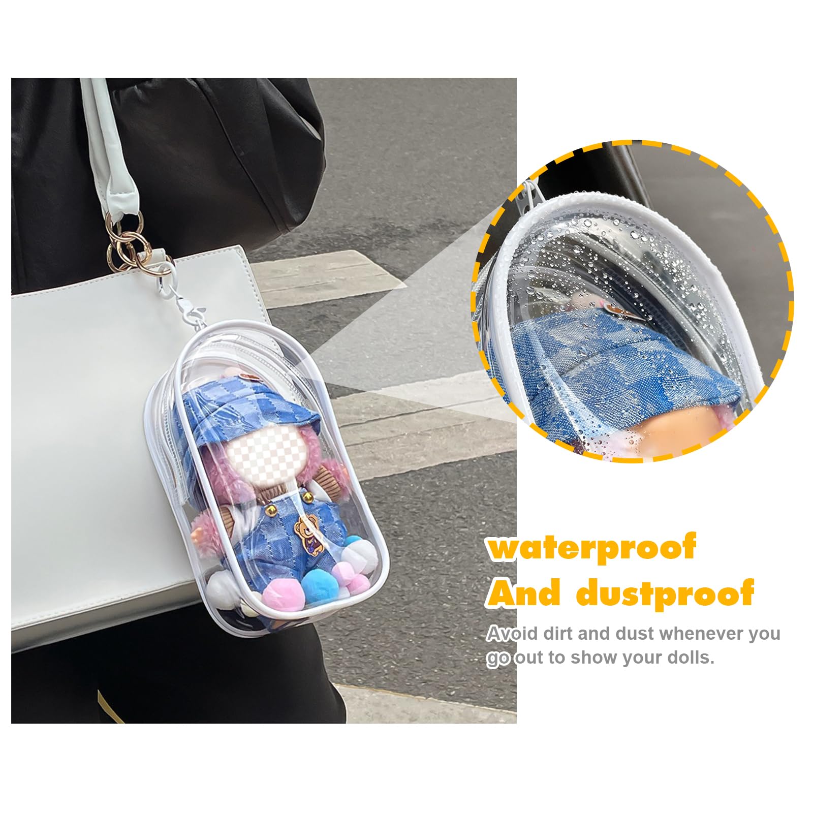 Clear Figure Display Bag with Keychain for Doll, Positive Doll Storage Bag, Pouch Keychain Charms for Collectibles (with Zipper- Waterproof) Building Block Storage Bag,8.2 * 4.6 inch