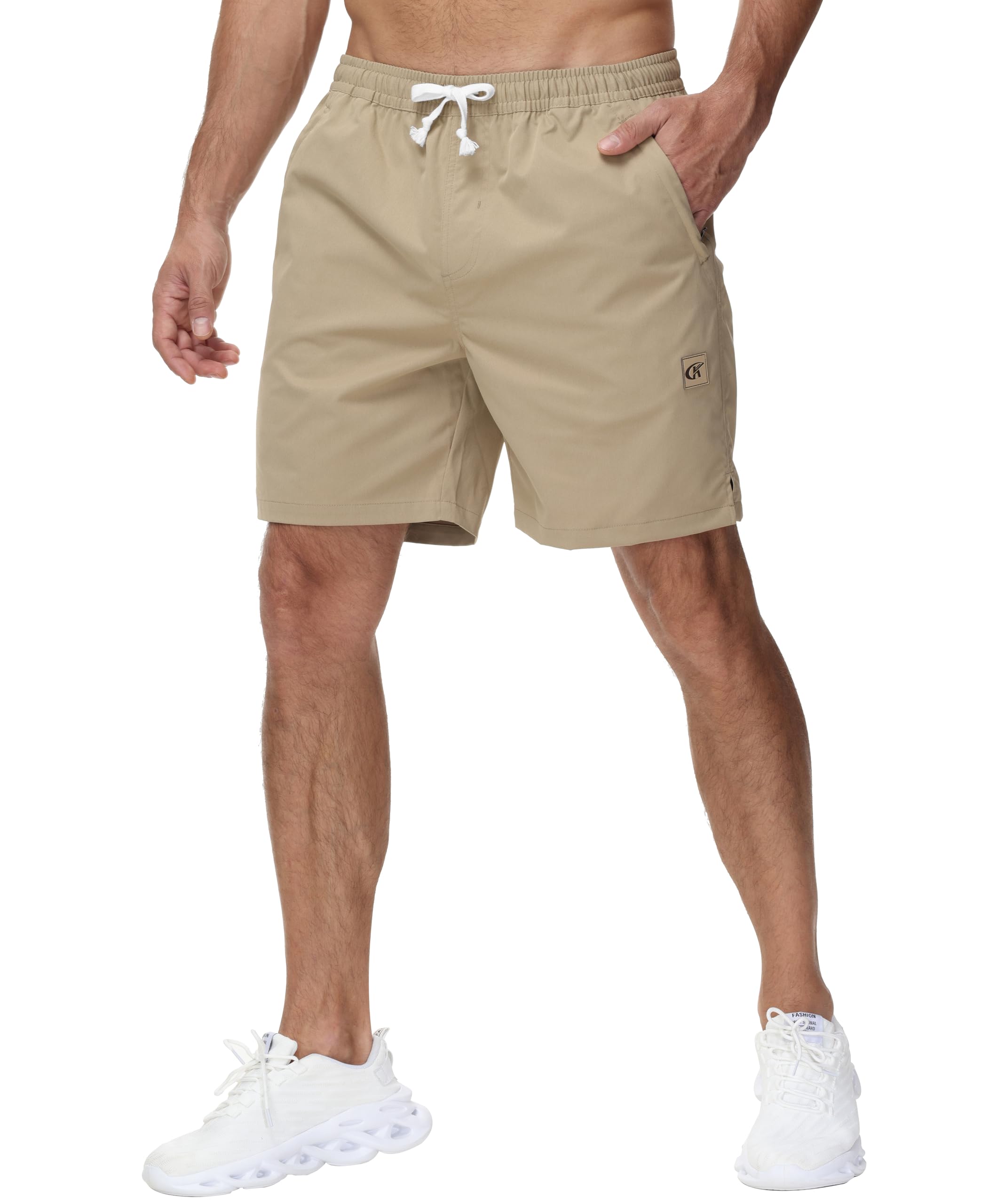 YuKaiChen Lässige Shorts Herren Kurze Hosen Sommer Klassische Twill Tunnelzug Stretch Elastische Taille mit Reißverschlusstaschen Größe L Khaki