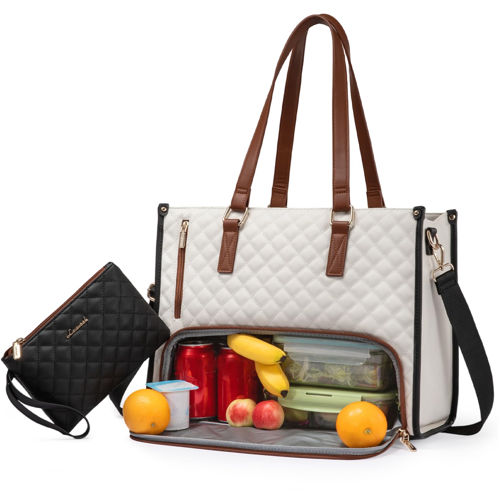 Photo 1 of LOVEVOOK Lunch Tote Bag for Women, 15.6 Inch Laptop Bag with Insulated Lunch Compartment, Quilted Large Capacity Computer Handbag with Purse for Business, Work, Nurse, Office, Collage, Casual