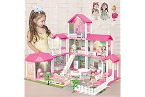 DINOTRONIC Dollhouse Building Toy Set with 5 Lights,3 Dolls& 2 Pets Princess Doll House and Furniture,Accessories,Stairway,Best STEM Pretend Play Toys for Girls Toddlers 27.7" Tall (9 Rooms)