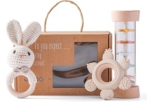 Youuys Wooden Baby Rattle Set (3pcs) - Crochet Rattle Rain Stick Teething Toys, Wooden Montessori Toy for Newborn Infant Baby Rattles Set Toys 3-6-12 Months (Bunny)