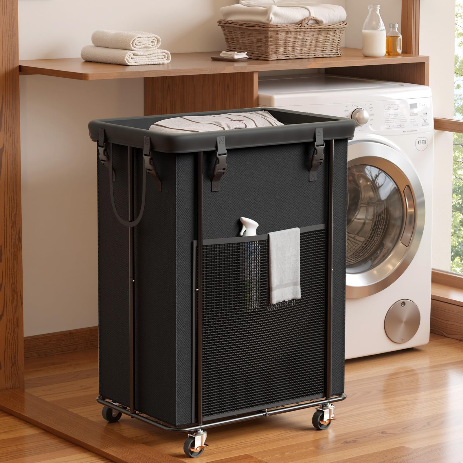 Photo 1 of 200L Laundry Hamper with Wheels, Rolling Laundry Basket with Metal Frame and Removable Bag, Large & Tall Dirty Clothes Hampers for Bedroom Aesthetic, Laundry Room, Bathroom, Dorm-Black