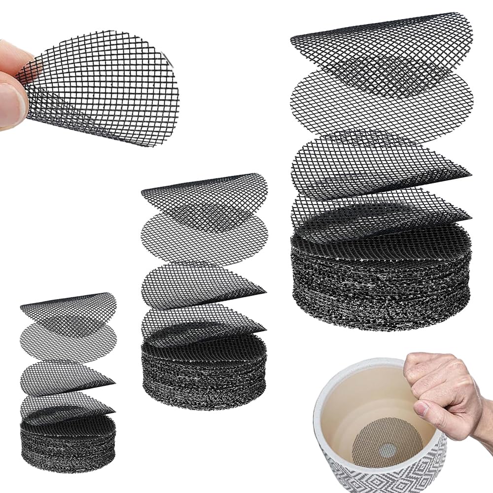 TRKETK 150 Pieces Flower Pot Mesh Pads, Plastic Mesh Sheet Breathable Plant Potting Bottom Grid Round Plant Pots Pad Gardening Flower Pot Hole Mesh Mat for Prevent Soil Loss Drainage Screens (Black)