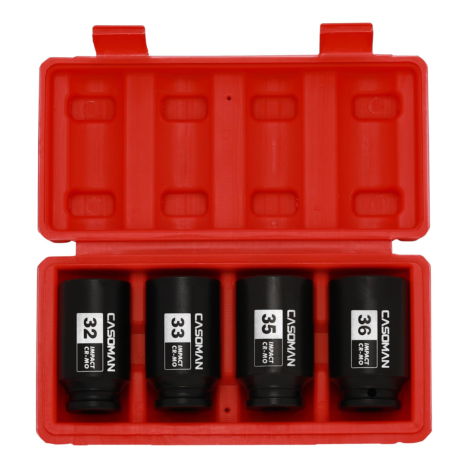 CASOMAN 1/2'' Drive Deep Spindle Axle Nut Impact Socket Set, 6 Point, CR-MO,32,33,35,36mm, 4PC 1/2-Inch Impact Socket Set, Heavy Duty Use in Removing and Installing Axle Nuts