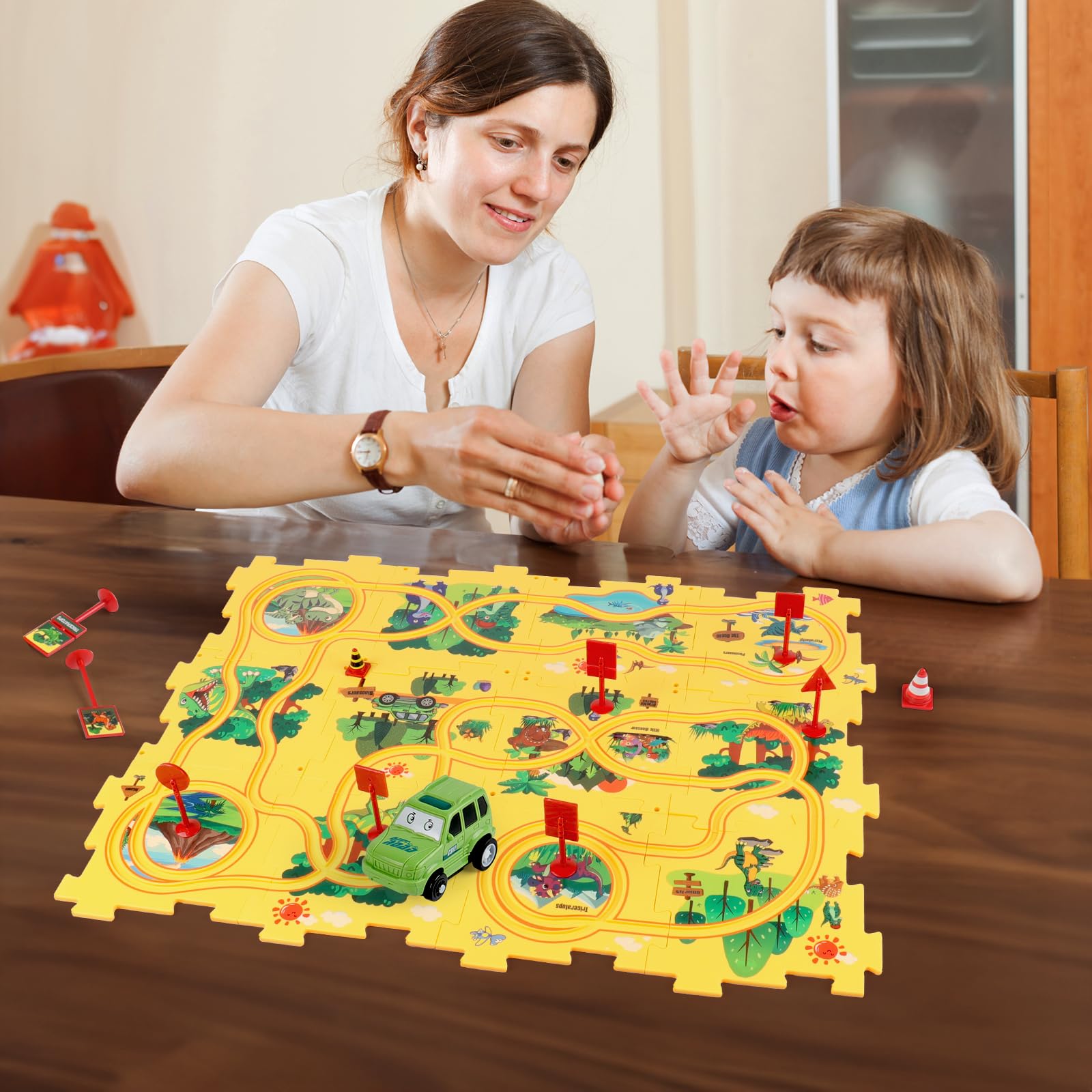 Plastic Dinosaur Puzzles for Kids with A Cute Car, Montessori Toys for 2 3 4 5 6 Year Old Boys, Race Tracks for Kids 3-5, Toddler Puzzle Track Play Set, Gifts for 2 3 4 5 6 Year Old Boys Toys