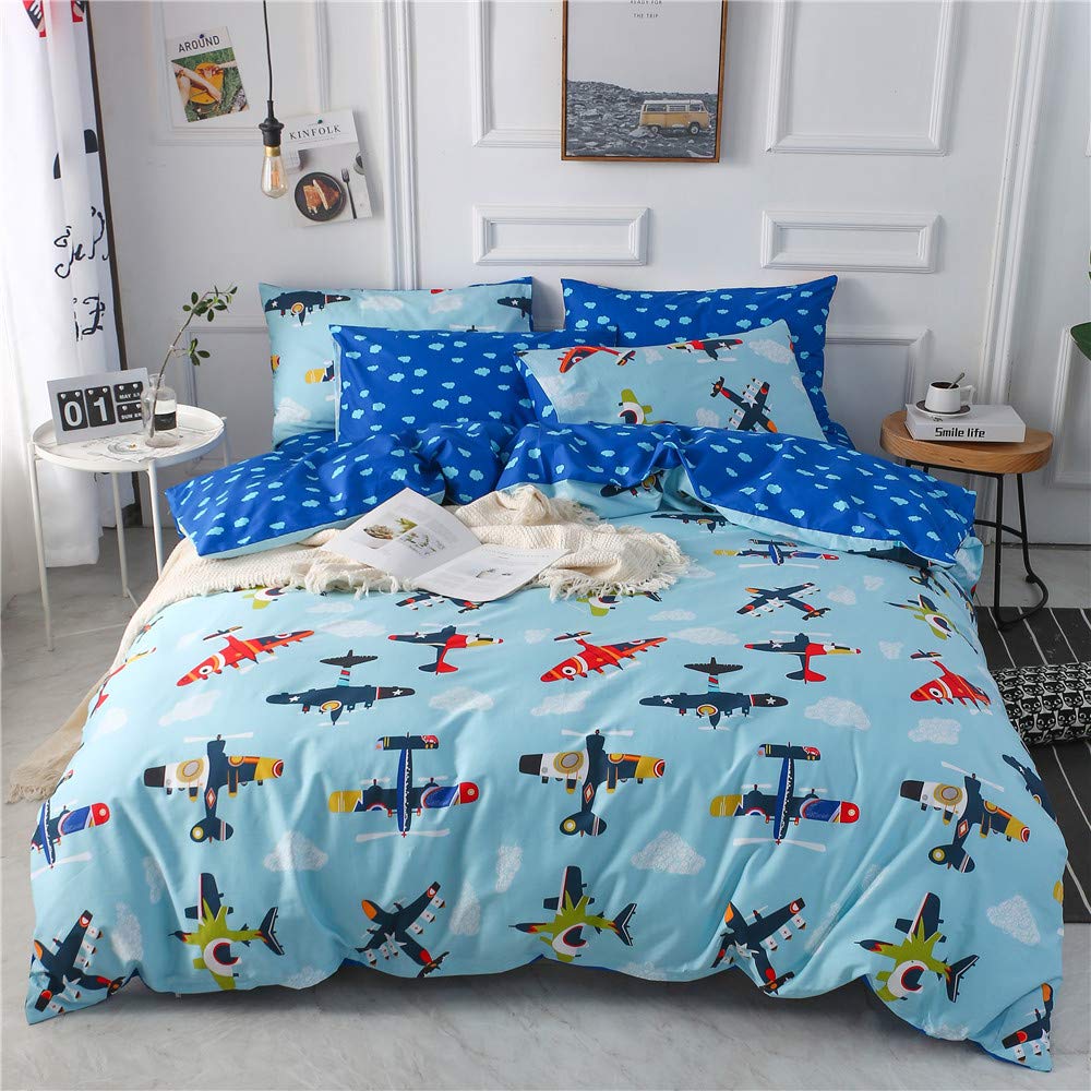 MKXI Soft Cotton Bedding Set Kids Collection with Airplane Pattern for Boys Reversible Cartoon Duvet Cover Set Children's Twin Size