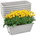 8pcs Window Box Planter, 17 Inches Flower Window Boxes, Rectangle Planters Box with Drainage Holes and Trays, Plastic Vegetable Planters for Windowsill Patio Garden Home Decor Porch Yard (Grey)