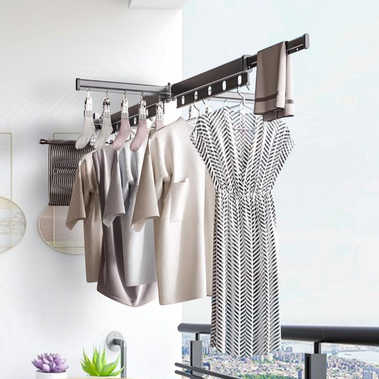 KMDZDZGS Extendable Clothes Drying Rack, Foldable Clothes Rack with Windproof Clip, Space Saver Wall Mounted Clothes Rack with Extension Rod, Clothes Rack for Balcony, Laundry, Bathroom, Bedroom (3)