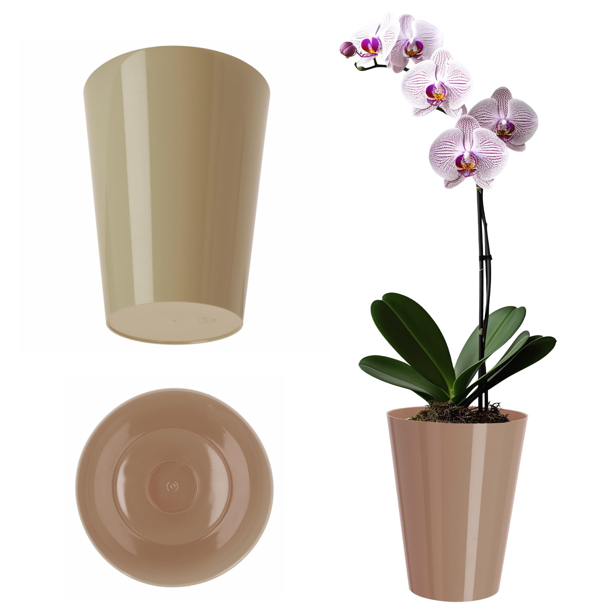 KADAX Orchid Pot, Plastic Flowerpot in Several Colours, Lightweight Plant Pot in Multiple Sizes, Elegant Pot for Living Room, Office and Bedroom (⌀13 cm, Round, Beige)
