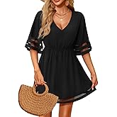 Pinup Fashion Swimsuit Beach Cover Ups Women - V Neck Short Sleeve Bathing Suit Coverup Summer Dress